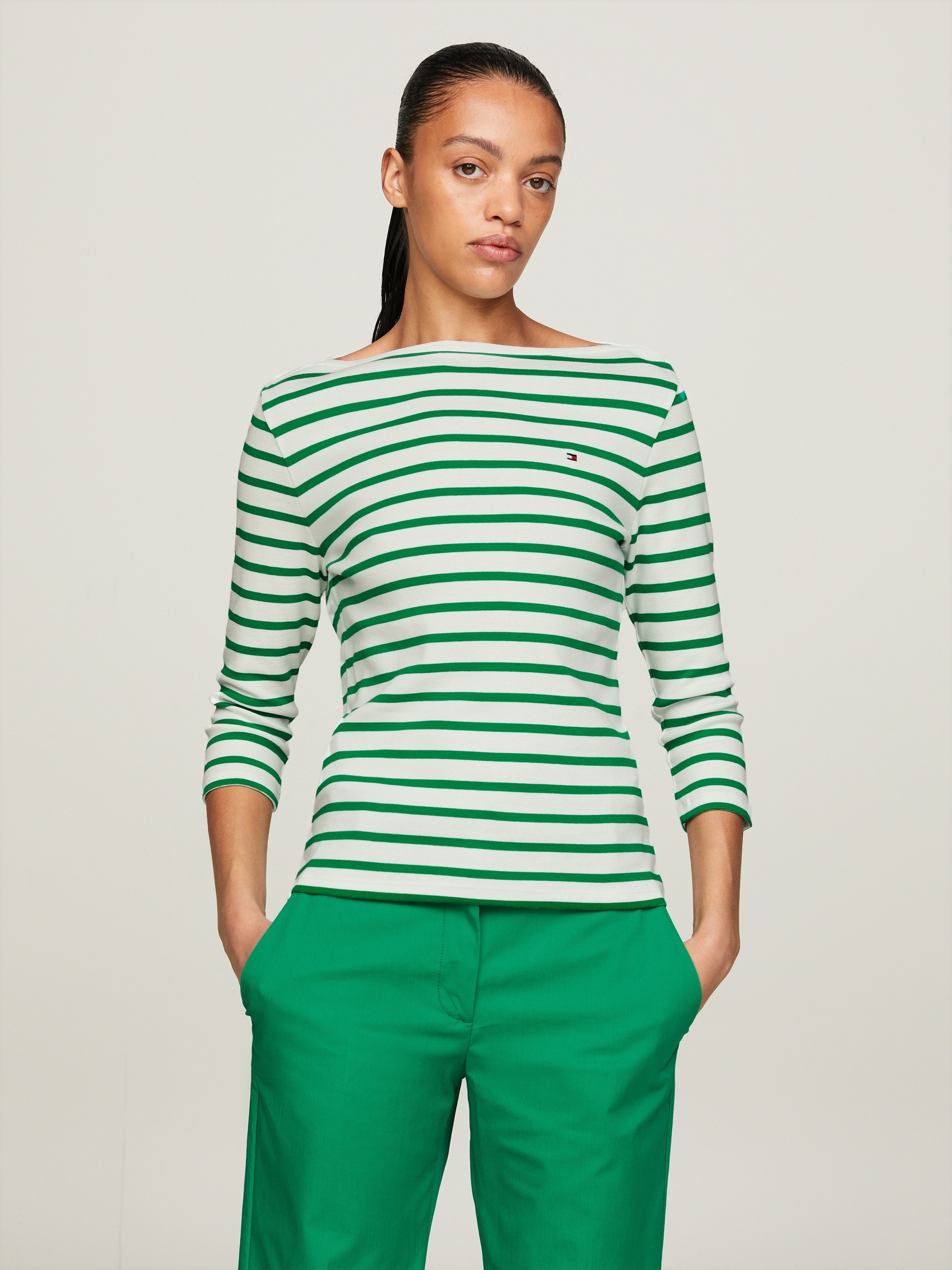 T-Shirt TOMMY HILFIGER "NEW CODY SLIM BOAT-NK 3/4SLV" Gr. XXL (44), grün (breton ecru, olympic green) Damen Shirts Jersey