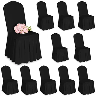 Showgeous 10 Stück Stuhlhussen Schwarz Polyester Spandex Lycra Stretch Stuhlhussen mit Rock,Esszimmer Hochzeit Stuhlhussen Universelle Waschbare Stuhlhussen für Hochzeitsfeier Bankett Dekoration