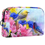 Kosmetiktasche,tragbare Reise-Make-up-Tasche für Damen,Aquarellblumen und Vogel,Kosmetikkoffer-Organizer mit Reißverschluss