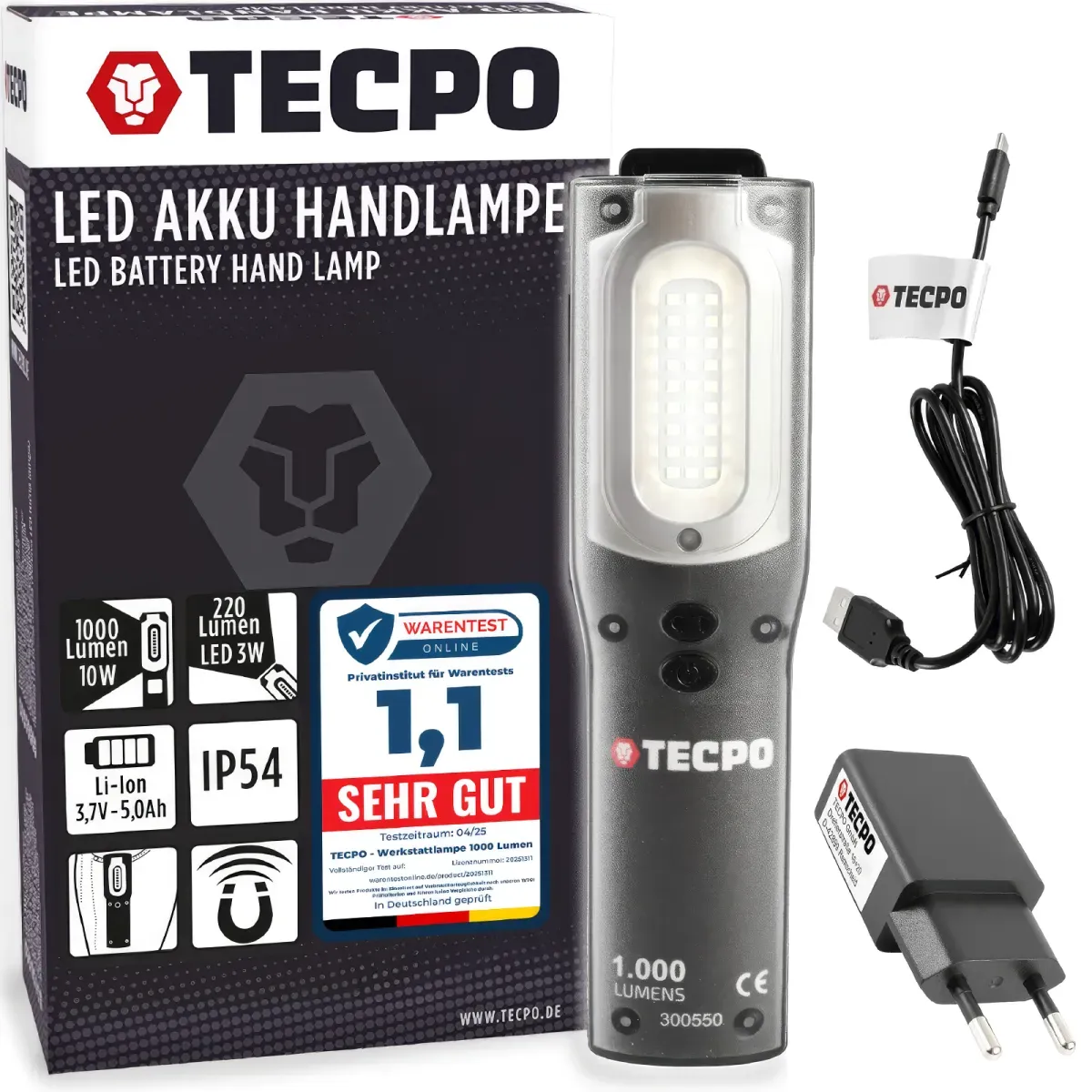 TECPO LED Akku Handlampe 1000 Lumen IP54 + USB Ladegerät