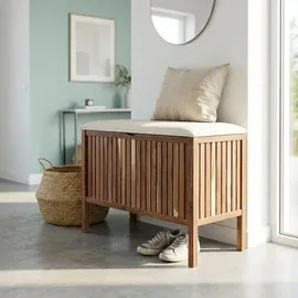 Relaxdays Wäschetruhe mit Sitz, Badbank mit Stauraum, 80 l Wäschesammler, HBT 56x78x39cm, Akazienholz, Stoff, braun/weiß