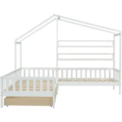 Merax Massivholz L-Struktur Hausbett für Erwachsene 90x200cm+70x140cm, Weiß