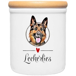 Cadouri Vorratsdose SCHÄFERHUND – Leckerlidose Hund – für Hundekekse, Keramik, (Keramikdose mit Holzdeckel, 2-tlg., 1x Keramikdose mit Holzdeckel), Hundekeksdose, handgefertigt in Deutschland, für Hundebesitzer, 400 ml weiß