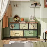 FEEOHOME Retro Kommode Schrank mit 5 Schubladen, Sideboard mit Metallrahmen und Stoffschubladen, Rustikaler Schubladenschrank Flurschrank Ideal für Schlafzimmer Wohnzimmer Küche (5 Schubladen)