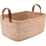 Decorasian Körbe für Regal mit Lederhenkel – Regalkorb aus Jute - stilvoller Aufbewahrungskorb für Bad, Kinderzimmer & Schlafzimmer - Größe L
