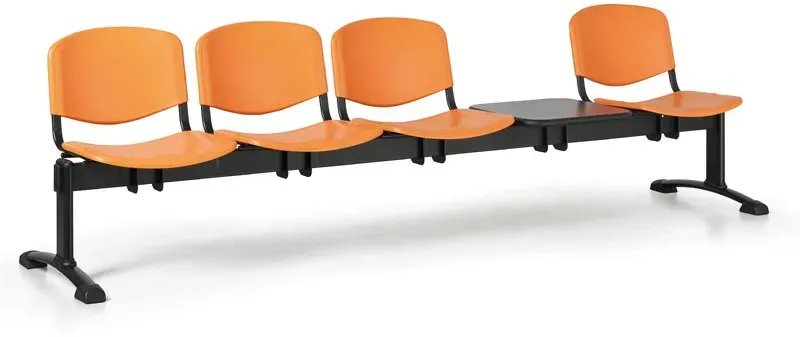 Kunststoff-Wartezimmerbank, Traversenbank ISO, 4-sitzig + Tisch, orange, schwarze Füße