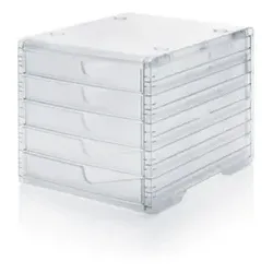 Schubladenbox aus Polystyrol in transparent.