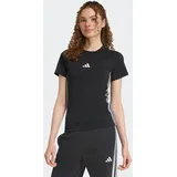 adidas T-Shirt ADIDAS SPORTSWEAR "HOLIDAY 3-STREIFEN SCHMAL GESCHNITTENES", Damen, Gr. S, schwarz (schwarz, silber metallic), Obermaterial: 100% Baumwolle, Rundhals, Shirts T-Shirt, schmal geschnittene Passform, Rundhalsausschnitt
