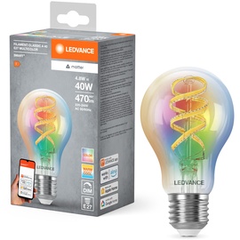 LEDVANCE SMART+ MATTER LED-Lampe, kompatibel mit Google, Alexa, Apple, Weißglas, 4,8W, 470lm, E27, Farblicht & Weißlicht, App- oder Sprachsteuerung, bis zu 15.000 Std. Lebensdauer, single pack