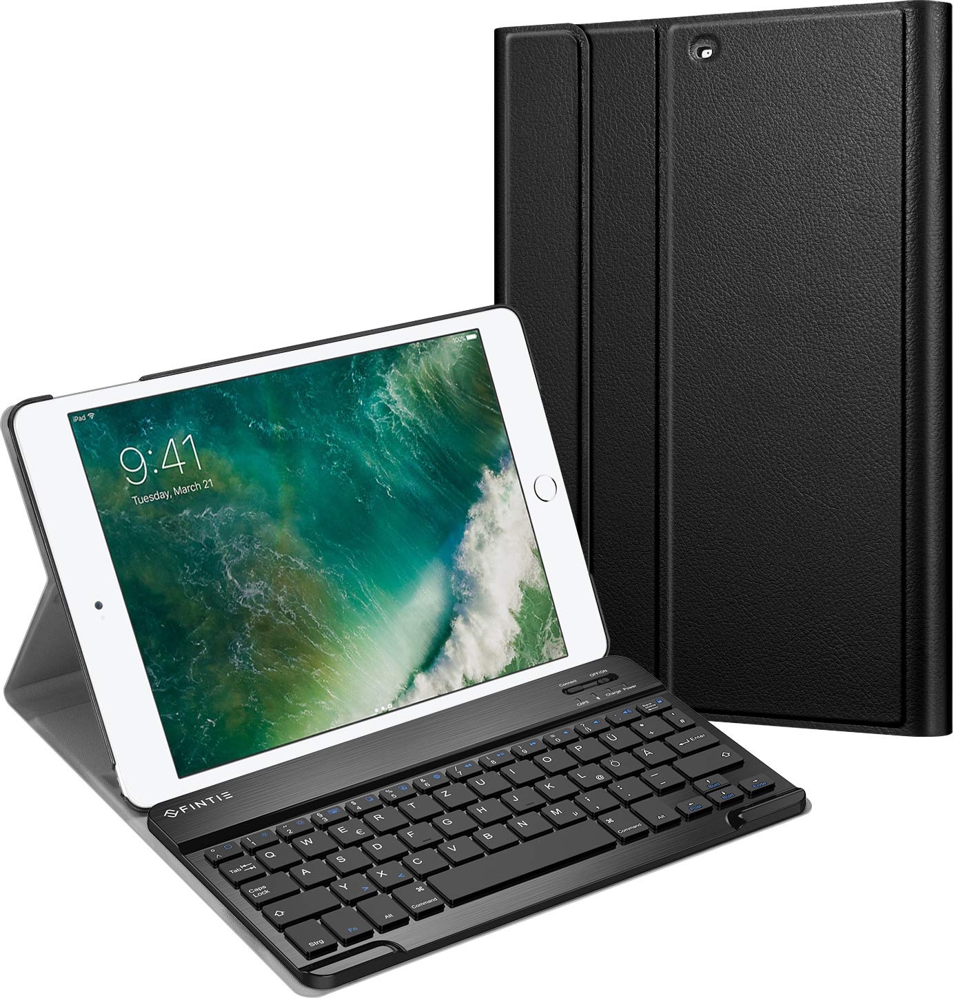 Fintie Tastatur Hülle für iPad 9.7 Zoll 2018 2017 / iPad Air 2 / iPad Air - Ultradünn leicht Schutzhülle Keyboard Case mit magnetisch Abnehmbarer drahtloser Deutscher Bluetooth Tastatur, Schwarz