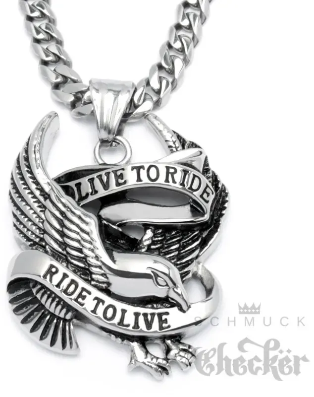 Bikerschmuck Halskette mit Adler Anhänger Live to Ride - Ride to Live aus Edelstahl