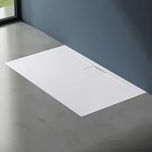 doporro Duschtasse Duschwanne 80x90x3 flach Mineralguss in Weiß inkl. Ablaufgarnitur AL06 DIN-Anschlüsse für bodenebene Montage geeignet Geoma07