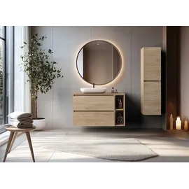 Rodan | Waschbeckunterschrank 100 CM - Eiche Hell - Badmöbel, Badezimmerschränk, Badezimmermöbel, Bücherregal, Regal - Hellbraun