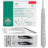 Set - 100 Stück sterile Skalpellklingen Figur 10A aus Karbonstahl - Ersatzklingen + 1 x Shehadeh - Skalpell-Halter Figur 3 mit 13 cm Griff inkl. Meßskala in cm - Edelstahl