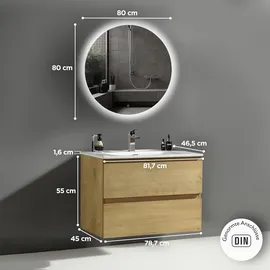 Alpenberger Gäste WC Waschbecken mit Unterschrank 80 cm Breit | Badmöbel Set mit LED-Spiegel | Waschtisch mit Waschbeckenunterschrank Badezimmermöbel