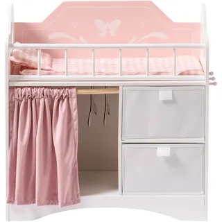ROBUD Puppenbett Holz, Spielzeug Puppen Bett mit Kleiderschrank, Bettwäsche, Stauraum und Haken, Puppenbett für Puppen bis 55 cm, Puppenzubehör für Kinder ab 3 Jahren Mädchen (Rosa)