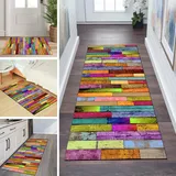 QQrunner Läufer Teppich Flur Bunt rutschfest Meterware 70x180cm Waschbar Küchenteppich Holzmaserung Schlafzimmer Korridor Teppichläufer Lang, Anpassbare Größe, 60-120cm Breit