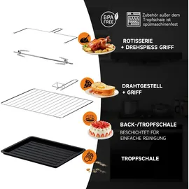 Homelux Minibackofen 60 Liter 2000W Pizza-Ofen, Mini Backofen mit Hähnchengrill, Ober-/Unterhitze, 60 Min Timer, 100°-230°C, Mini Oven Schwarz - Schwarz