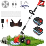 Rasentrimmer mit Akku, 21V Akku Rasenmäher Elektro mit 2 Akkus, 3 Arten von Klingen & Verstellbares Rädern, Freischneider Akku, Rasenkantenschneider, Elektro-Trimmer für Hof, Garten