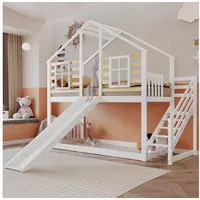 NMonet Etagenbett Hochbett 90x200cm (Absturzsicherung), Kinderbett, mit Treppe und Gitter, Rutsche und Fenster, aus Massivholz weiß