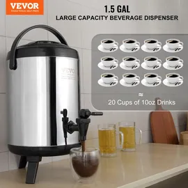 Vevor Heiß- und Kaltgetränkespender Getränkespender 6 L, Edelstahl Heiß- und Kaltwasserbrunnen Großer Getränkespender mit Zapfen für Kaffee, Kalte Milch, Wasser, Saft usw. Isolierkanne 1-2 Personen