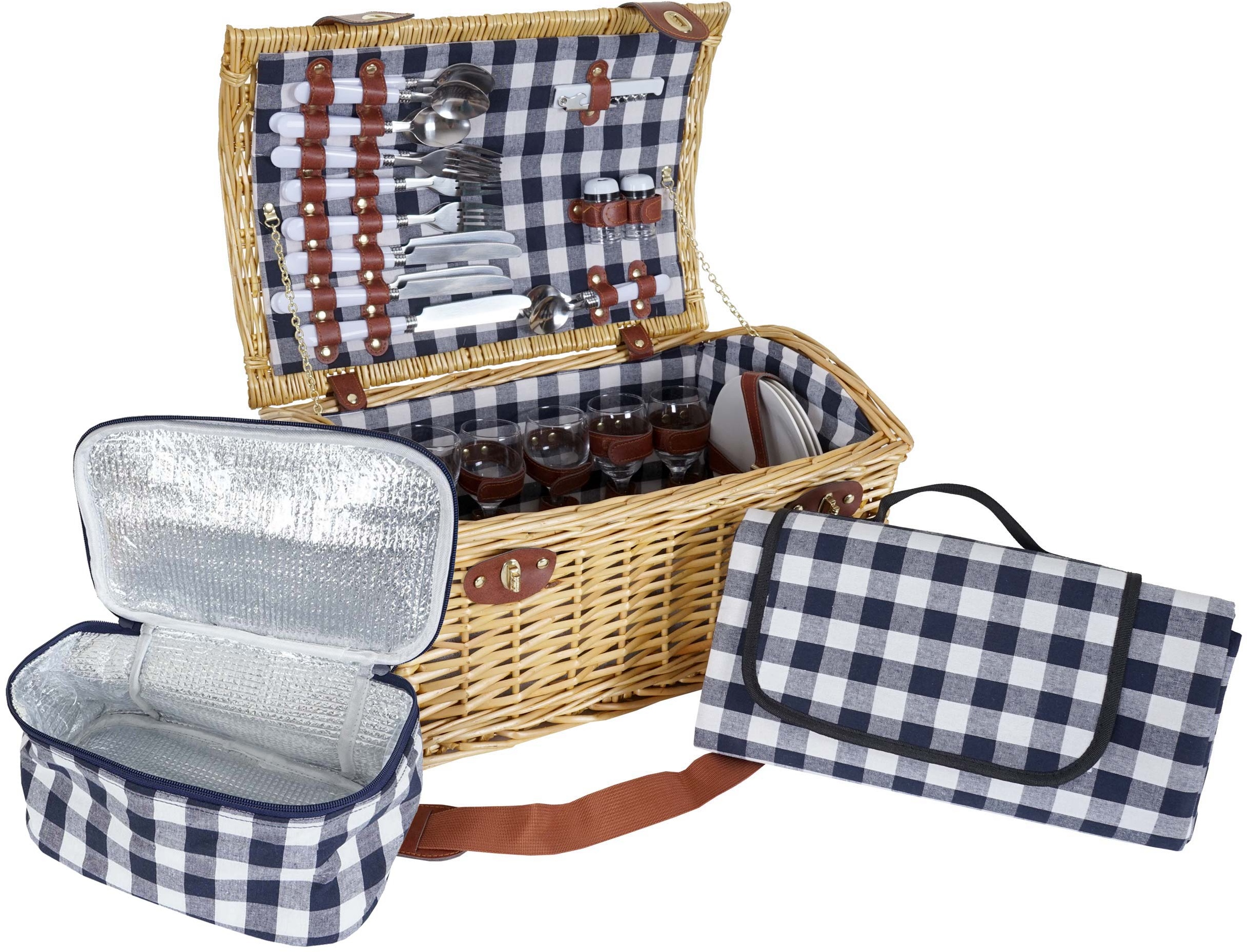 Picknickkorb-Set HWC-B23 f√or 6 Personen, Weiden-Korb Picknickdecke, Porzellan Glas Edelstahl, blau-wei√ü