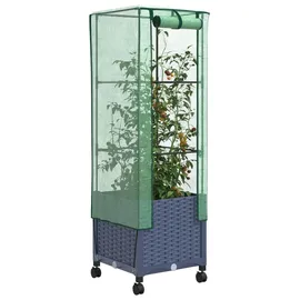 vidaXL Gartenplanter mit Gewächshausabdeckung und Rädern Blaugrau 1 St.