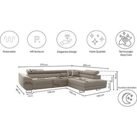 kaiser möbel Ecksofa Stoff mit Schlaffunktion L-förmig KaltesBeige