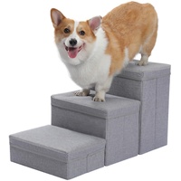 PETEPELA Hundetreppe, Tragbare 3 Treppen Hundetreppe für kleine Hunde mit Stauraum, Faltbare Haustiertreppe für Couch und Hochbett bis zu 22,7 kg, Hellgrau