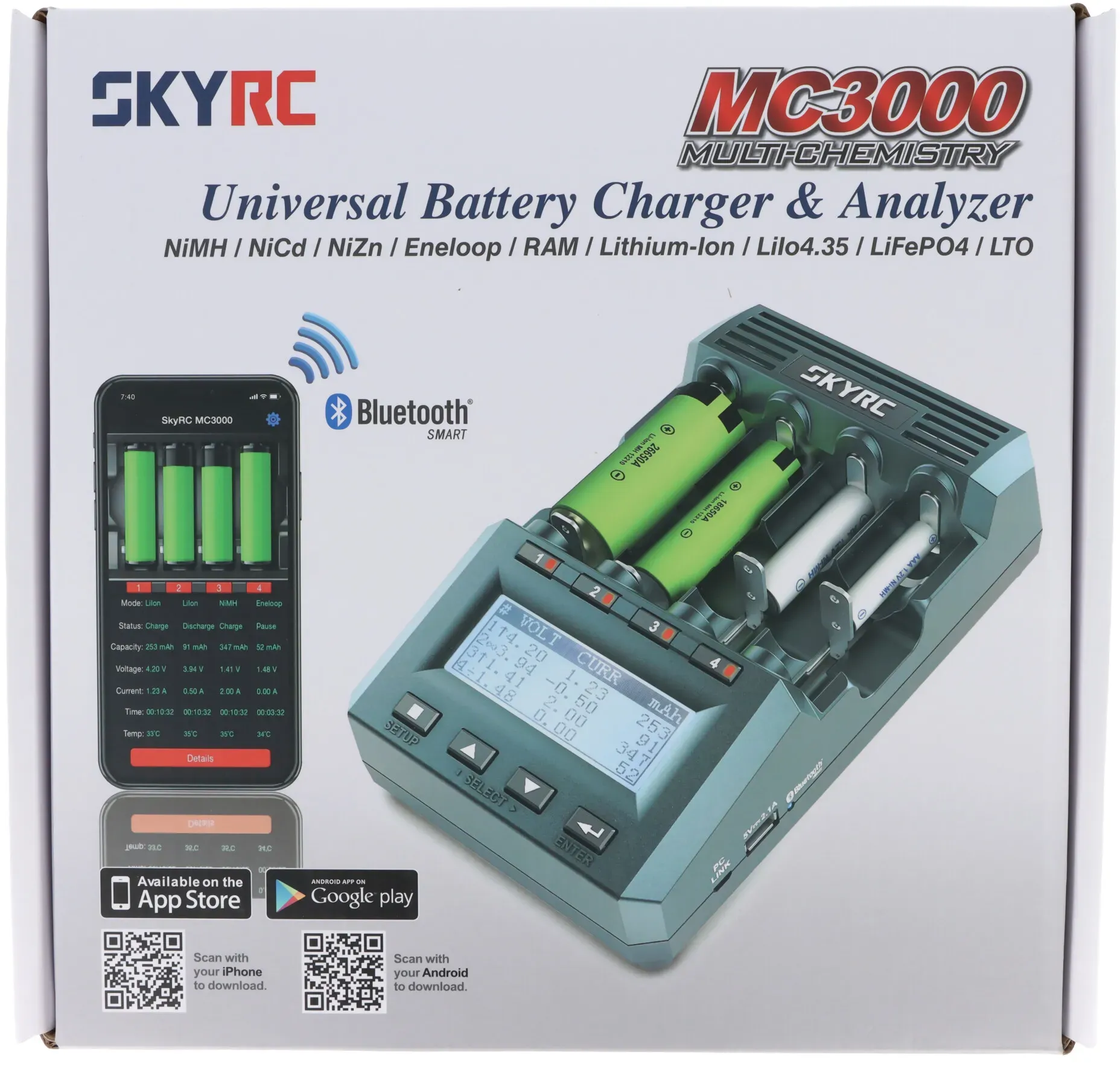SkyRC MC3000 Universal-Ladegerät und Analyse-Gerät, für Rundzellen, mit App-Steuerung
