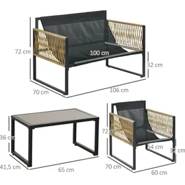 Outsunny 4 tlg. Rattan Gartenmöbel-Set, Sitzgruppe mit Kissen, Gartengarnitur mit 1 Couchtisch aus Glas, 2 Sesseln, 1 Doppelsofa, Sitzgarnitur für Garten, Terrasse,