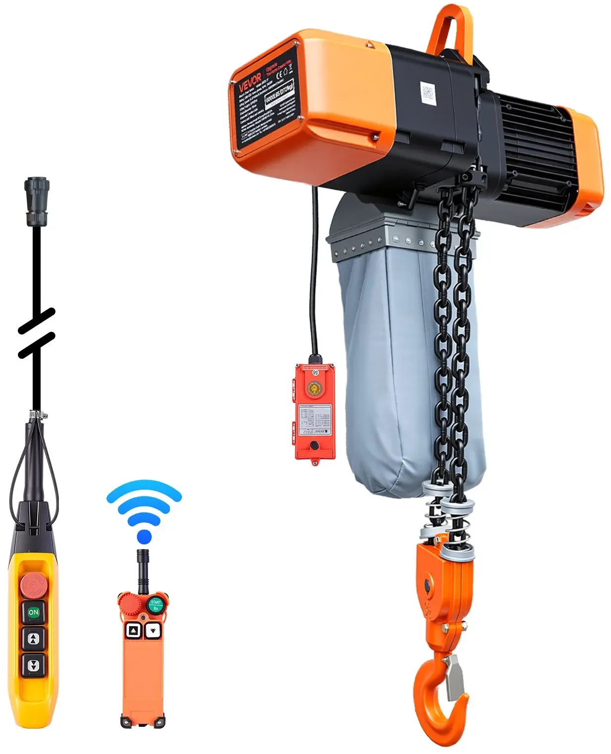 VEVOR Elektrischer Kettenzug 5000 kg, 9,1 m Hubhöhe, Dreiphasig, mit 100 m Funk- & 8,2 m Kabelfernbedienung, G100-Doppelkette, Notstopp, Elektrokettenzug für Fabriken, Lagerhallen, Garagen