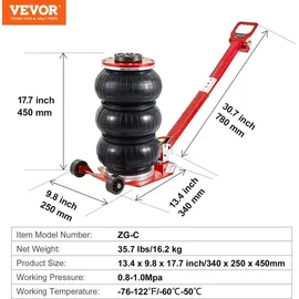 Vevor Pneumatischer Wagenheber Triple Bag Air Jack 3 t, Dreifachbeutel Luftheber 140-450 mm Hubhöhe Airbag Luftwagenheber, 5 Minuten Hub Luftheber mit langem Griff, Wagenheberreparatur Pkw, Lkw usw.