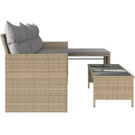 vidaXL Gartensofa in L-Form mit Tisch und Kissen Beige Poly Rattan