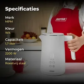 MPM MCZ-120 Wasserkocher 1,5L mit Doppelwand-Design, Temperaturregelung 40-100°C, Edelstahl-Innenbehälter, 2200W, Geräuscharm, Weiß