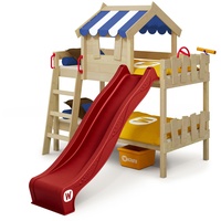 Wickey Etagenbett Crazy Circus Kinderbett Hochbett aus Massivholz mit roter Rutsche, Blauer Plane, Dach, Lattenboden & Spielzeugzubehör - 90x200 cm - individuell Gestaltbar