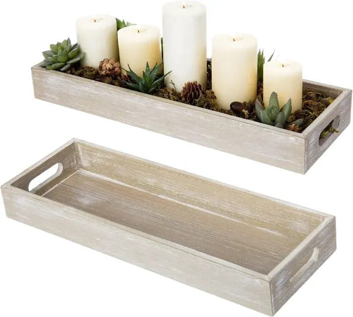 MyGift 40 x 15 cm Rustikale Holztabletts in Antikbraun mit Ausschnittgriffen, Rechteckige Tischdekoration Servierplatte, Set aus 2