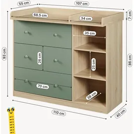 [en.casa] Wickelkommode Beldinupp mit abnehmbarer Wickelaufsatz 93 x 110 x 55 cm Eicheoptik / Grün