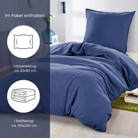 Wometo Bettwäsche Renforce Stone-Washed 155x220 & 80x80 100% Baumwolle - blau OekoTex weich modern Used-Look Leinen-Optik