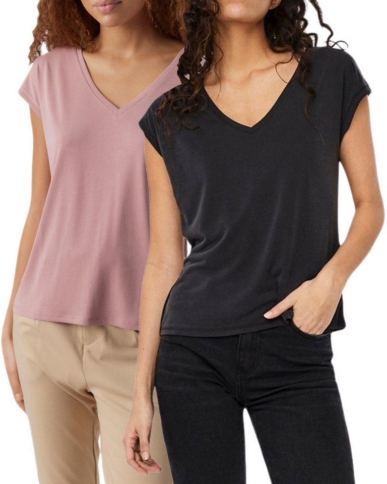 Vero Moda T-Shirt (2er-Pack) Basic Shirt mit V-Ausschnitt im Doppelpack rosa S