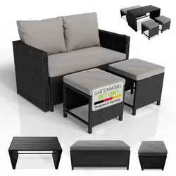 Juskys 2in1 Polyrattan Relax Gartenmöbel Set Jamaika - Lounge für Balkon & Outdoor, Balkonmöbel schwarz/ grau