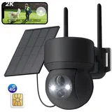 4G LTE Überwachungskamera Aussen Solar mit SIM Karte Ohne WLAN 2K PTZ Kabellos IP Kamera Outdoor Ohne WLAN PIR Erkennung Farb/IR Nachtsicht - Schwarz