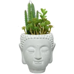 Sukkulenten Mix im Buddha Topf - Kunstpflanzen - H: 23cm, D: 14cm - weiß/grün