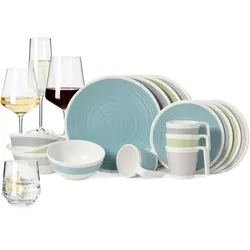 Moritz Melamin Camping Geschirr Set 4 Personen Harmonie 16 Teilig + 16 Milano Gläser Wassergläser Weingläser Champagner-Gläser Flûtes Tafelgeschirr Picknick