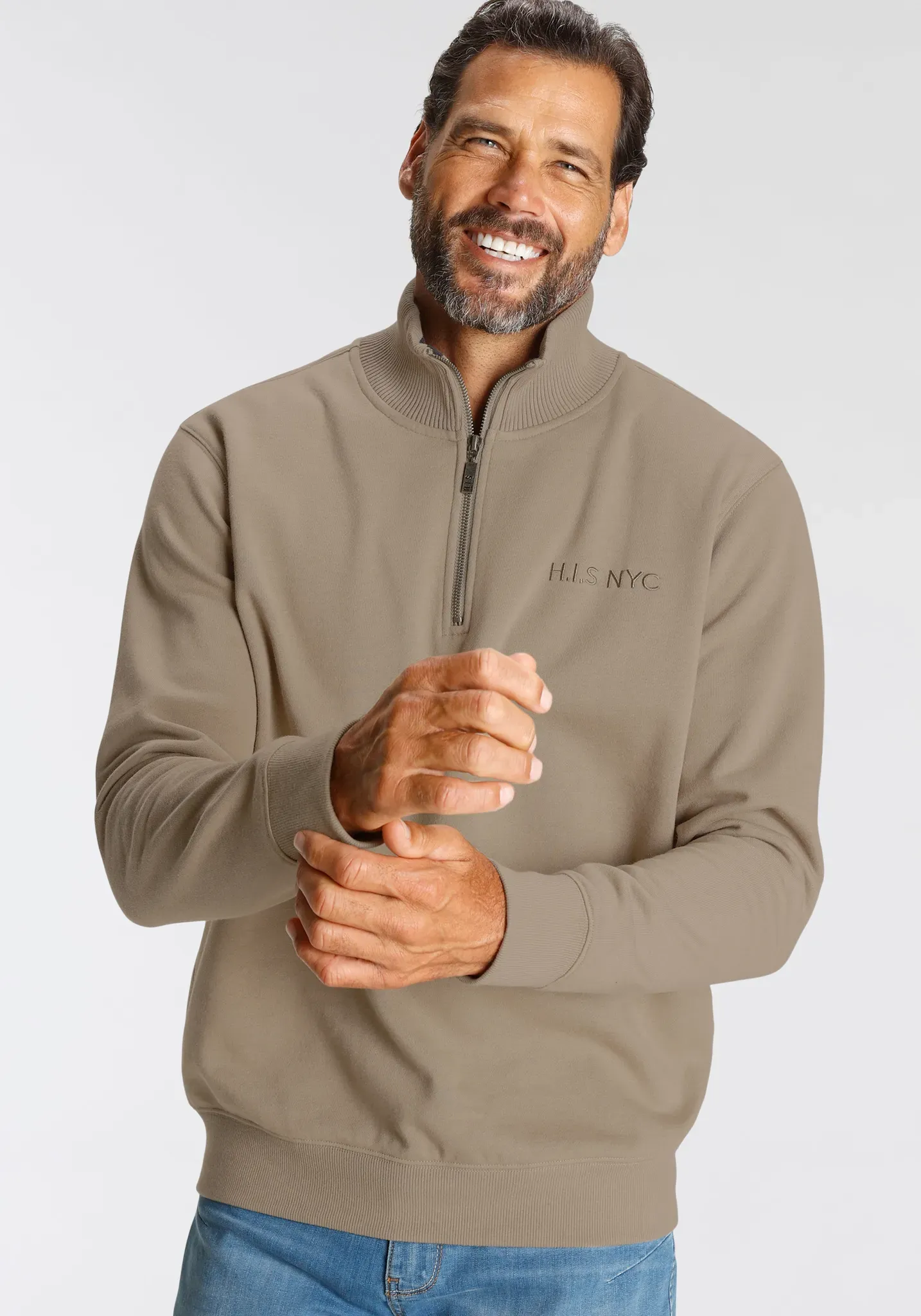 Sweatshirt H.I.S, Herren, Gr. M (48/50), beige, Sweatware, Obermaterial: 60% Baumwolle, 40% Polyester, unifarben mit Farbeinsatz, normal, Sweatshirts Sweatshirt, unifarben, aus dehnbarer Sweatware, mit Logostickerei