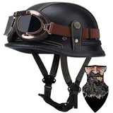 DIRERTYS Deutsche Leder Motorrad Halbhelme Retro Halbschalenhelm JetHelm mit Visier Schnellverschluss Schnalle für Cruiser Chopper Biker Moped DOT/ECE-Zulassung