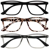 OPULIZE NYX Blaulichtfilter Lesebrille für Damen Herren - Blendfreie UV400-Schutz Federscharnier Anti-Müdigkeit - 3er-Pack - Rechteckiger Rahmen - Schwarz Braun Grau - + 1,00