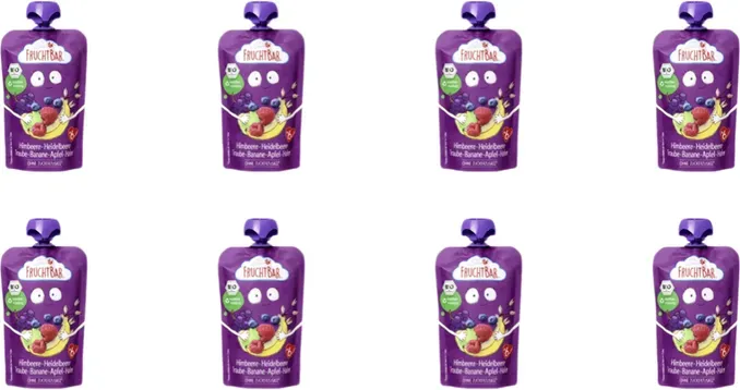 FRUCHTBAR – Bio Fruchtpüree Himbeere, Heidelbeere, Traube, Banane, Apfel & Hafer 8x 100g – Ohne Zuckerzusatz – Ab 6 Monaten – Mit 5 Sorten