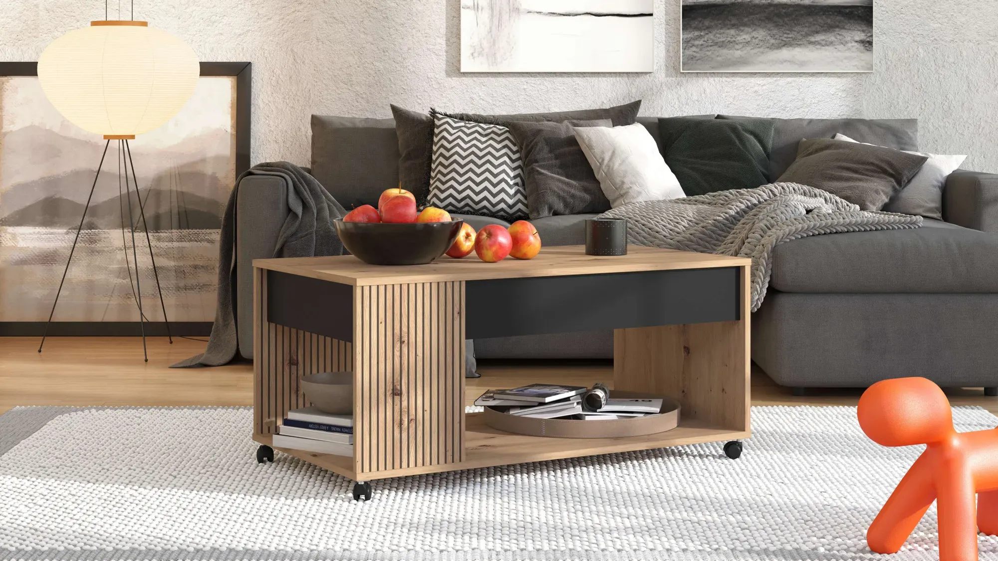 Couchtisch HOME AFFAIRE "Mayenne Kaffeetisch, 101 cm, rechteckig, modern design, mit rollen" Tische Gr. B/H/T: 101cm x 46cm x 55cm, Artisan Eiche Stripes, braun (artisan eiche, artisan eiche) mit Schublade, dekorativen schwarzen Streifen, in Artisan Eiche