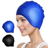 DIELOVEHUA Badekappe Gehörschutz 3D, wasserdichte Badekappe, Elastische Badekappen, Weiche Strapazierfähige Schwimmkappe, Swimming Cap für Herren Damen(Schwarz/Blau)